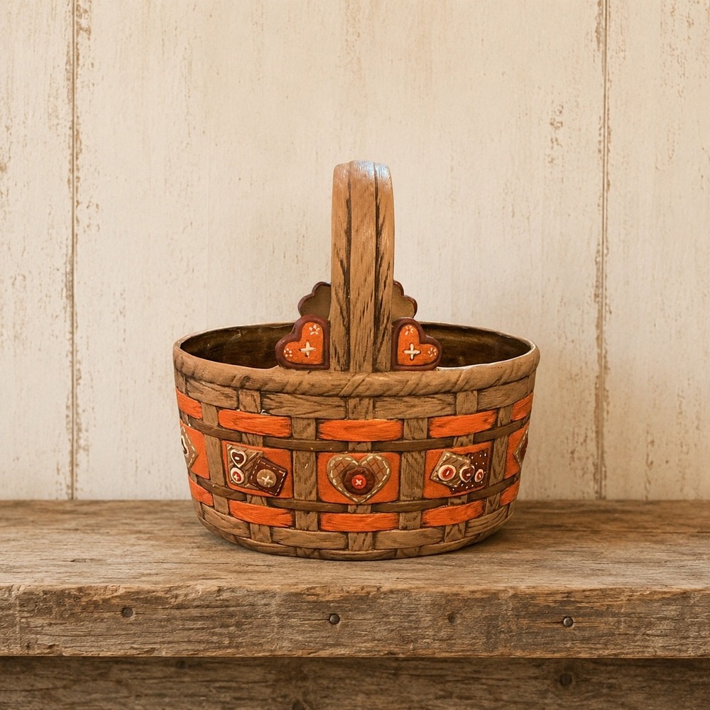Vintage Ceramic Woven Basket Hand Painted Hearts Orange Brown Folk Art 8.5in